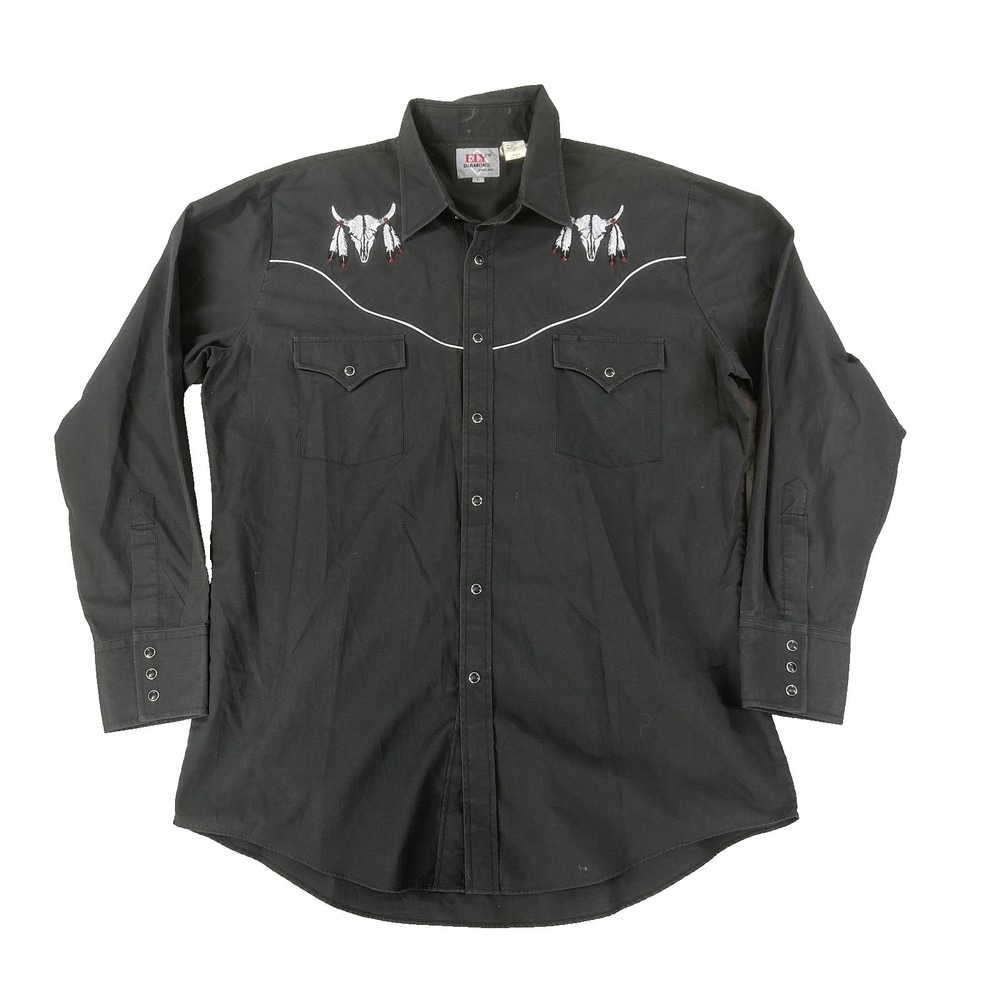 Ely Diamond Shirt Mens Large Black Western Embroidered Cow Skull Snap Button